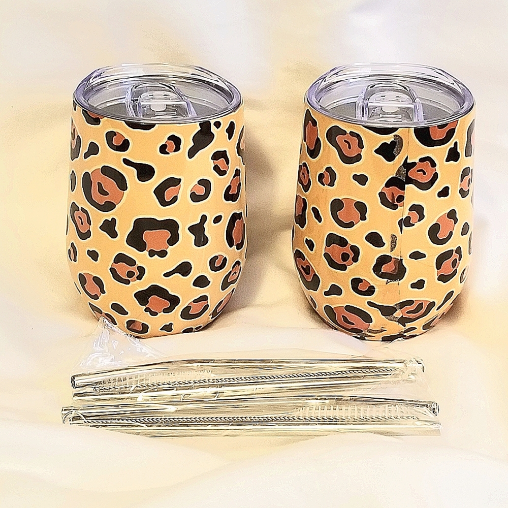 Cheetah Print Boxed Wine /Drink Tumblers W /Lids & Metal Straws - Set /2 - New!!